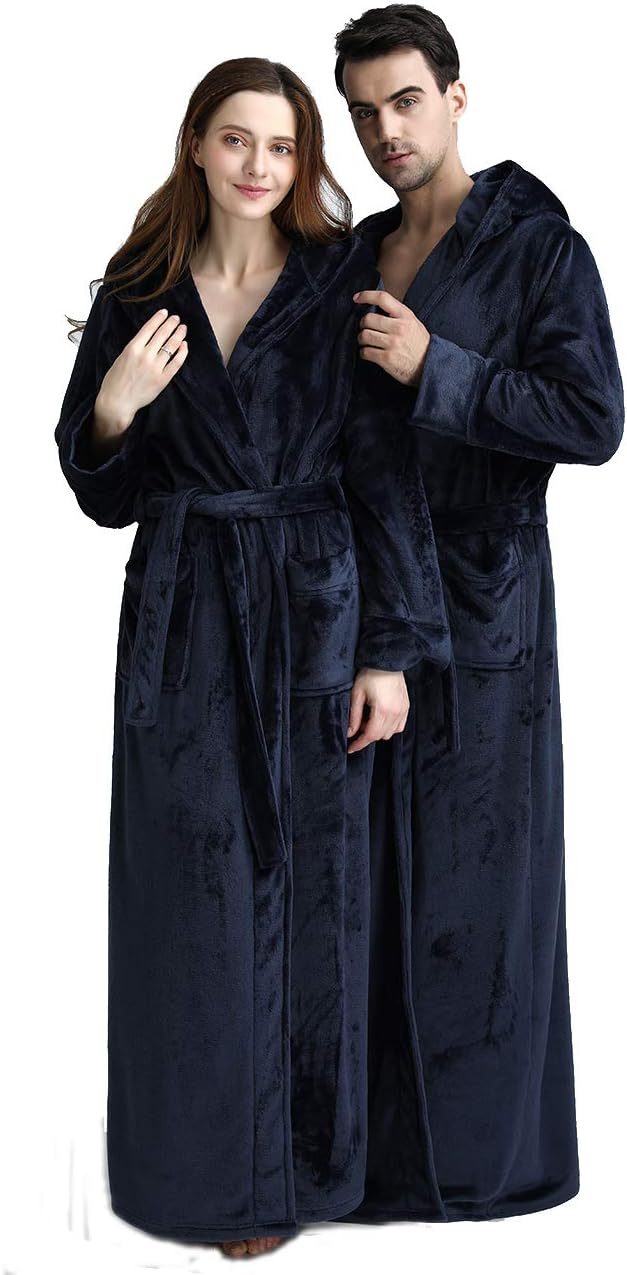 Unisex fluffy fleece bathrobe with hood in blue, cozy and soft, perfect for lounging, displaying warm comfort and luxurious s