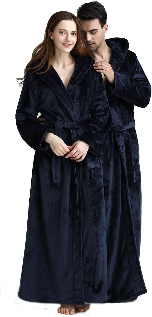 Unisex fluffy fleece bathrobe with hood in blue, cozy and soft, perfect for lounging, displaying warm comfort and luxurious s