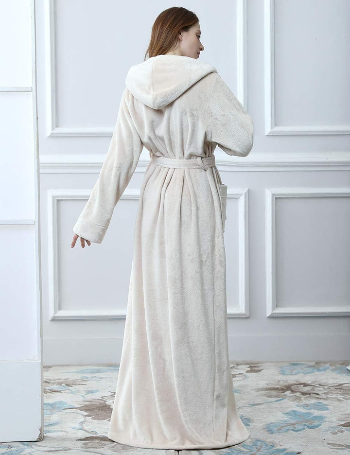 Unisex fluffy fleece bathrobe with hood in blue, cozy and soft, perfect for lounging, displaying warm comfort and luxurious s