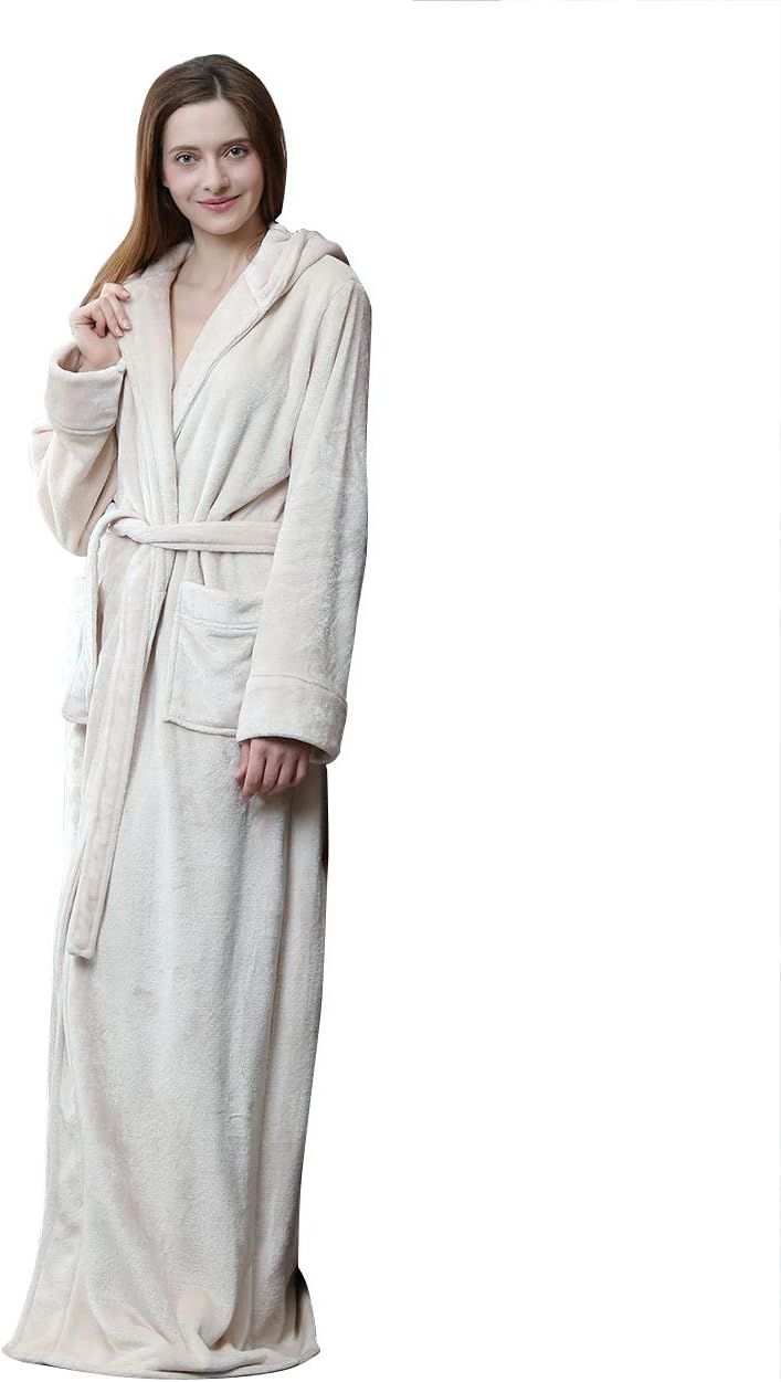 Unisex fluffy fleece bathrobe with hood in blue, cozy and soft, perfect for lounging, displaying warm comfort and luxurious s