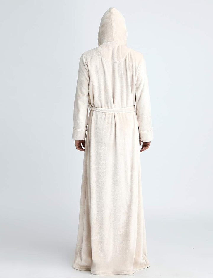 Unisex fluffy fleece bathrobe with hood in blue, cozy and soft, perfect for lounging, displaying warm comfort and luxurious s