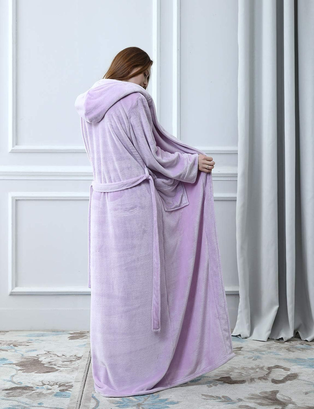 Unisex fluffy fleece bathrobe with hood in blue, cozy and soft, perfect for lounging, displaying warm comfort and luxurious s