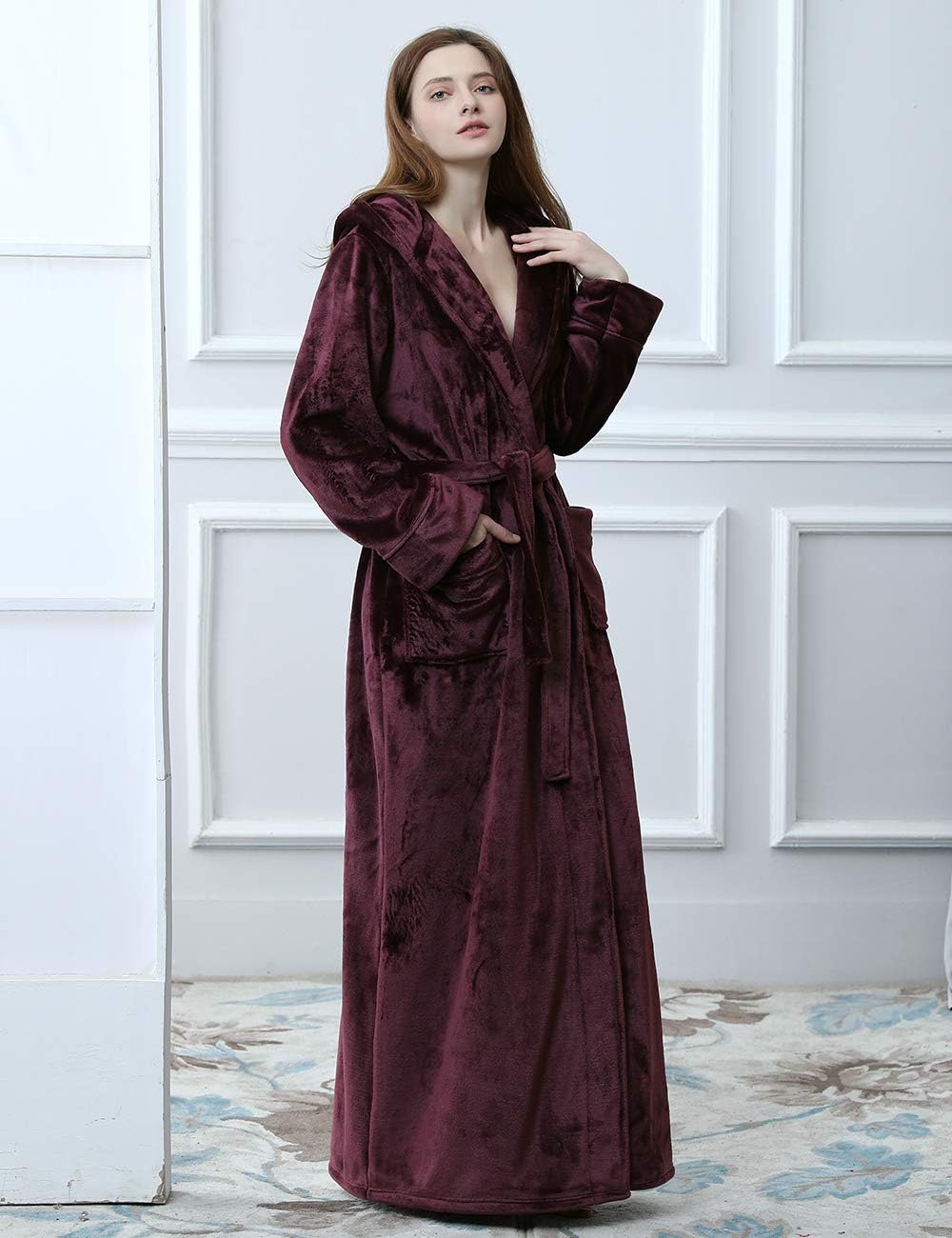 Unisex fluffy fleece bathrobe with hood in blue, cozy and soft, perfect for lounging, displaying warm comfort and luxurious s