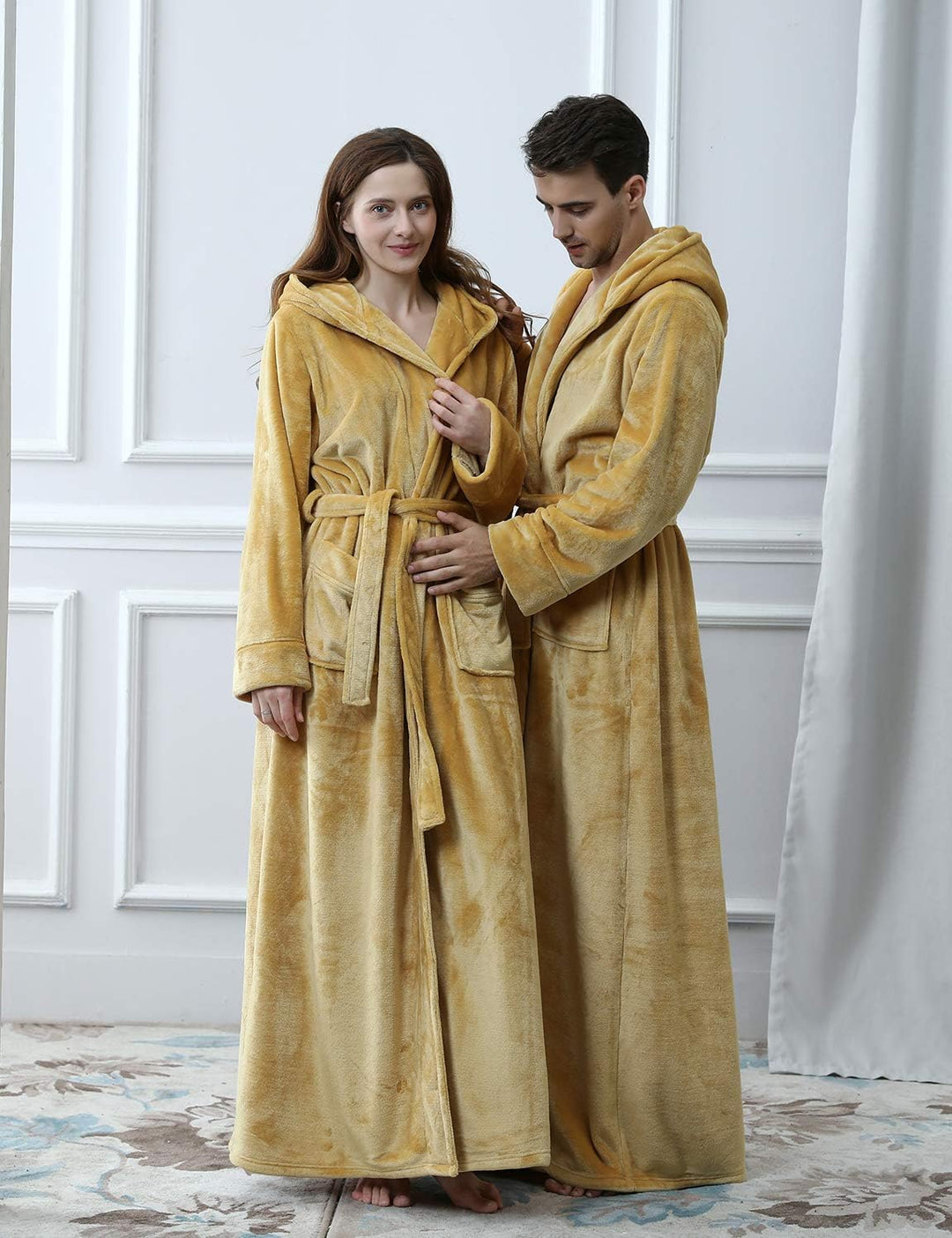 Unisex fluffy fleece bathrobe with hood in blue, cozy and soft, perfect for lounging, displaying warm comfort and luxurious s