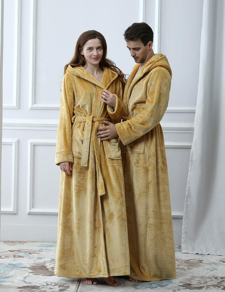 Unisex fluffy fleece bathrobe with hood in blue, cozy and soft, perfect for lounging, displaying warm comfort and luxurious s