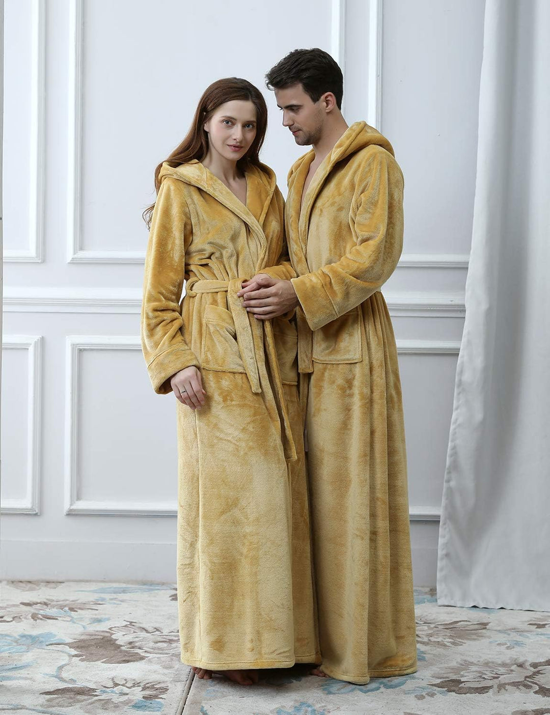 Unisex fluffy fleece bathrobe with hood in blue, cozy and soft, perfect for lounging, displaying warm comfort and luxurious s
