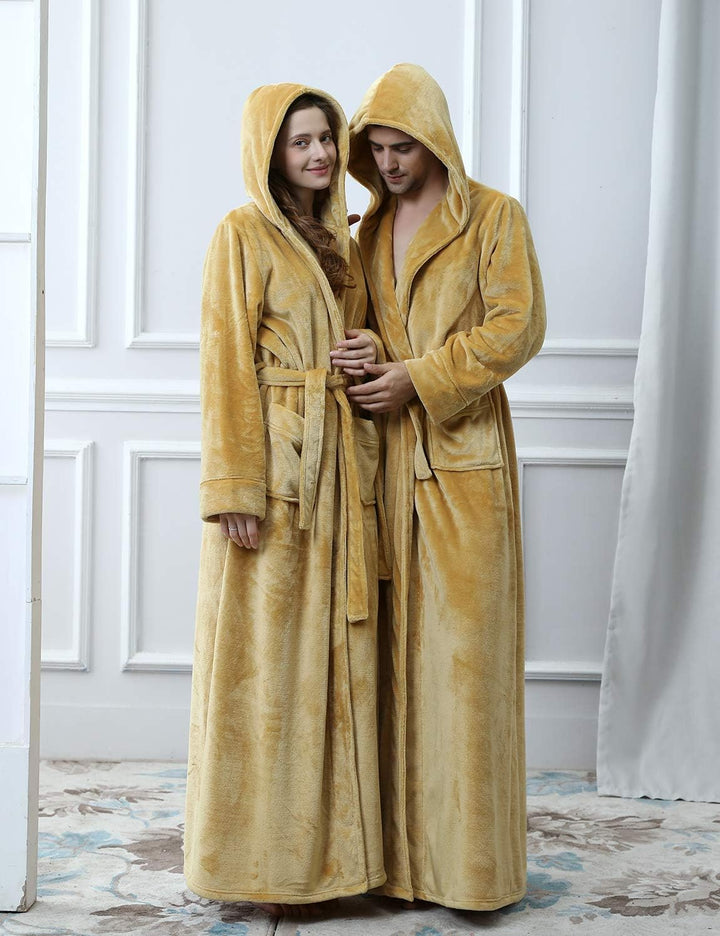 Unisex fluffy fleece bathrobe with hood in blue, cozy and soft, perfect for lounging, displaying warm comfort and luxurious s
