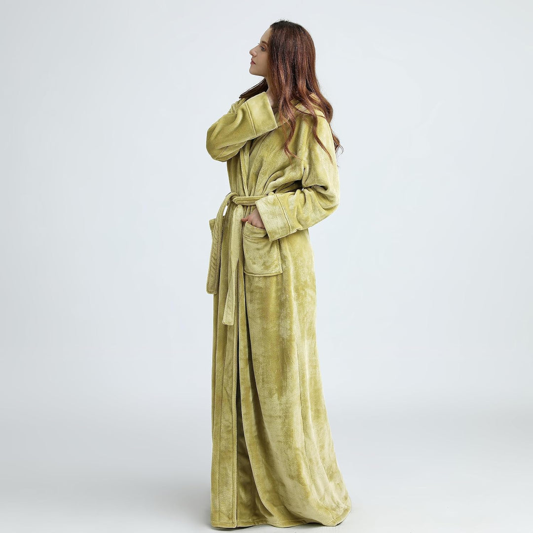 Unisex fluffy fleece bathrobe with hood in blue, cozy and soft, perfect for lounging, displaying warm comfort and luxurious s
