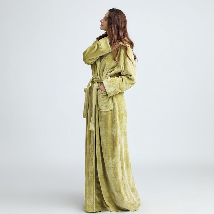 Unisex fluffy fleece bathrobe with hood in blue, cozy and soft, perfect for lounging, displaying warm comfort and luxurious s