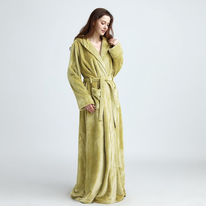 Unisex fluffy fleece bathrobe with hood in blue, cozy and soft, perfect for lounging, displaying warm comfort and luxurious s