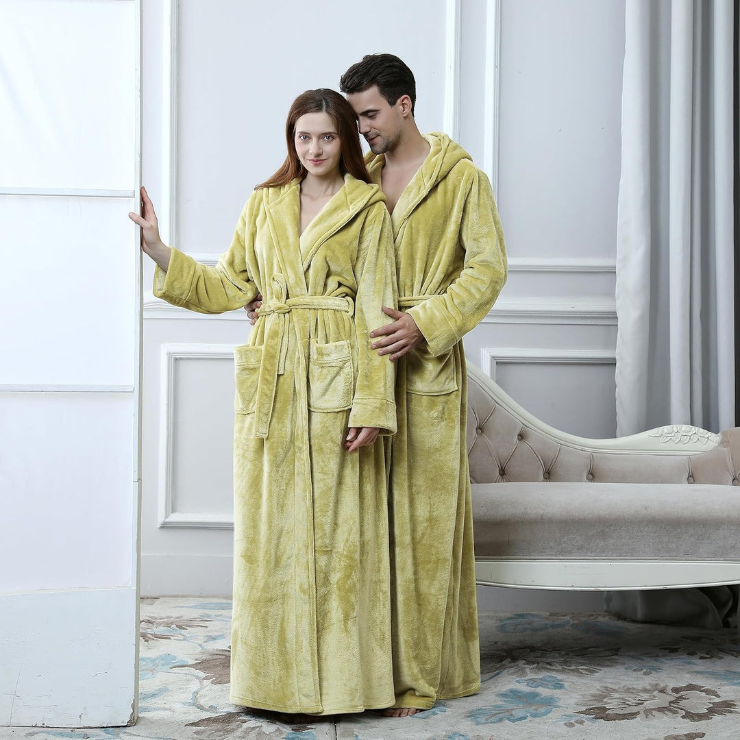 Unisex fluffy fleece bathrobe with hood in blue, cozy and soft, perfect for lounging, displaying warm comfort and luxurious s