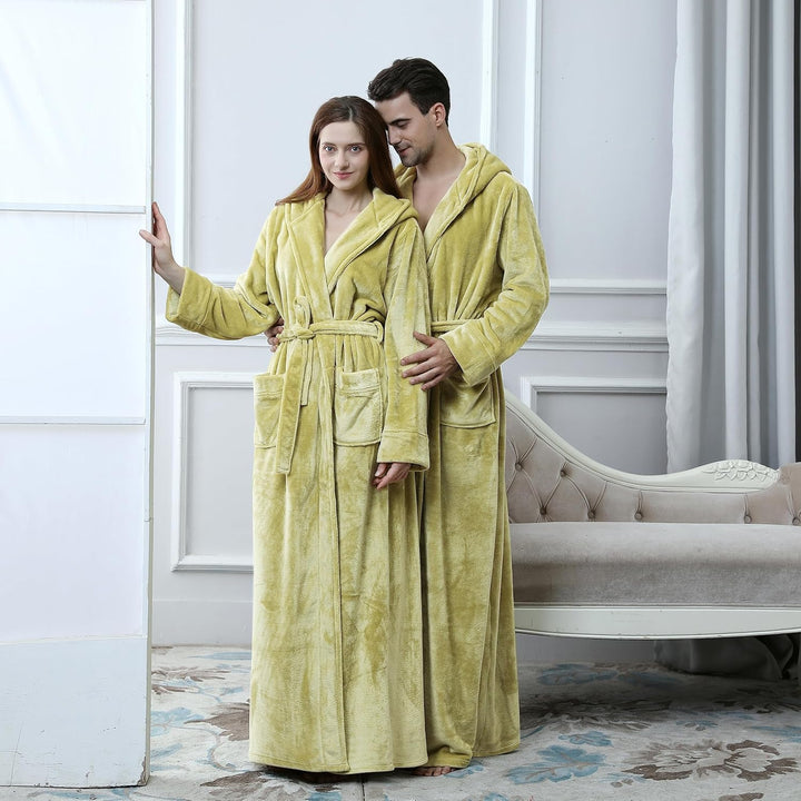 Unisex fluffy fleece bathrobe with hood in blue, cozy and soft, perfect for lounging, displaying warm comfort and luxurious s