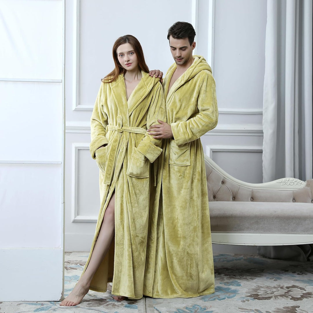 Unisex fluffy fleece bathrobe with hood in blue, cozy and soft, perfect for lounging, displaying warm comfort and luxurious s