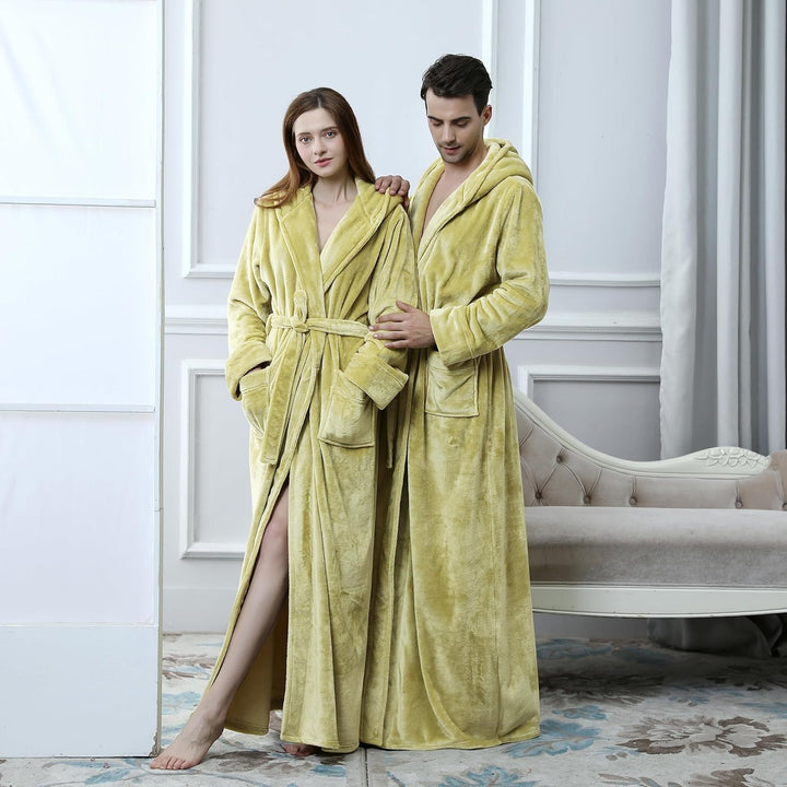Unisex fluffy fleece bathrobe with hood in blue, cozy and soft, perfect for lounging, displaying warm comfort and luxurious s