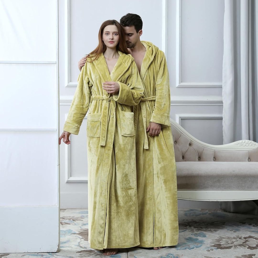 Unisex fluffy fleece bathrobe with hood in blue, cozy and soft, perfect for lounging, displaying warm comfort and luxurious s