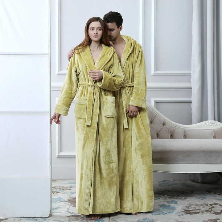 Unisex fluffy fleece bathrobe with hood in blue, cozy and soft, perfect for lounging, displaying warm comfort and luxurious s
