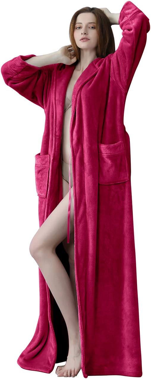 Unisex fluffy fleece bathrobe with hood in blue, cozy and soft, perfect for lounging, displaying warm comfort and luxurious s