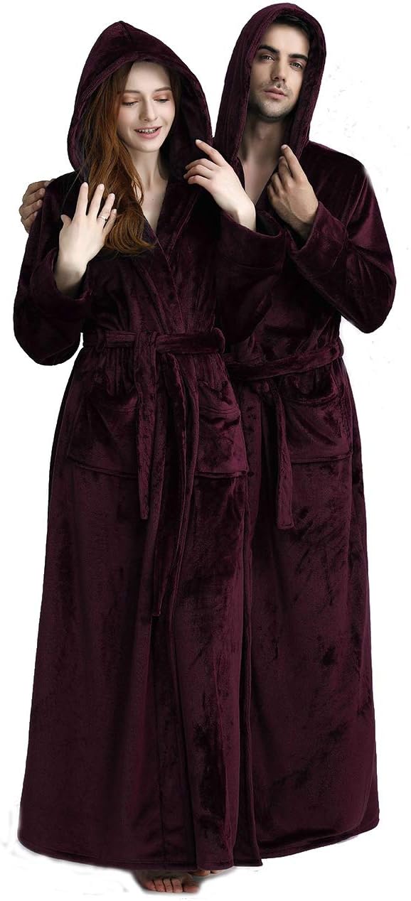 Unisex fluffy fleece bathrobe with hood in blue, cozy and soft, perfect for lounging, displaying warm comfort and luxurious s