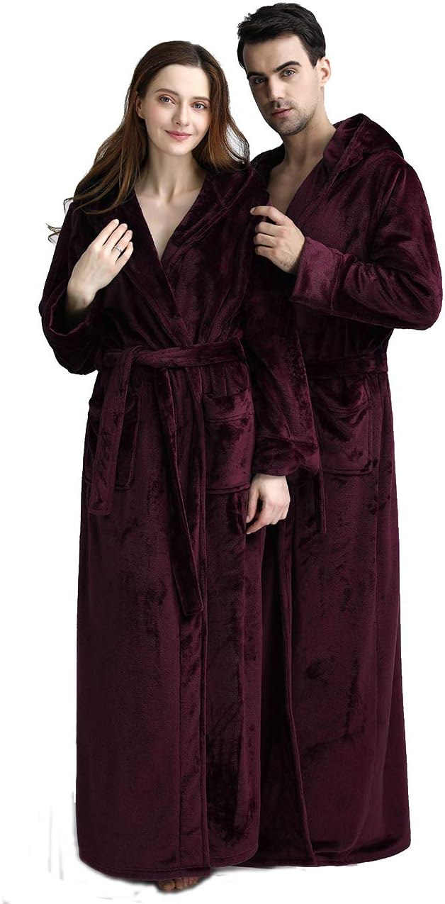 Unisex fluffy fleece bathrobe with hood in blue, cozy and soft, perfect for lounging, displaying warm comfort and luxurious s