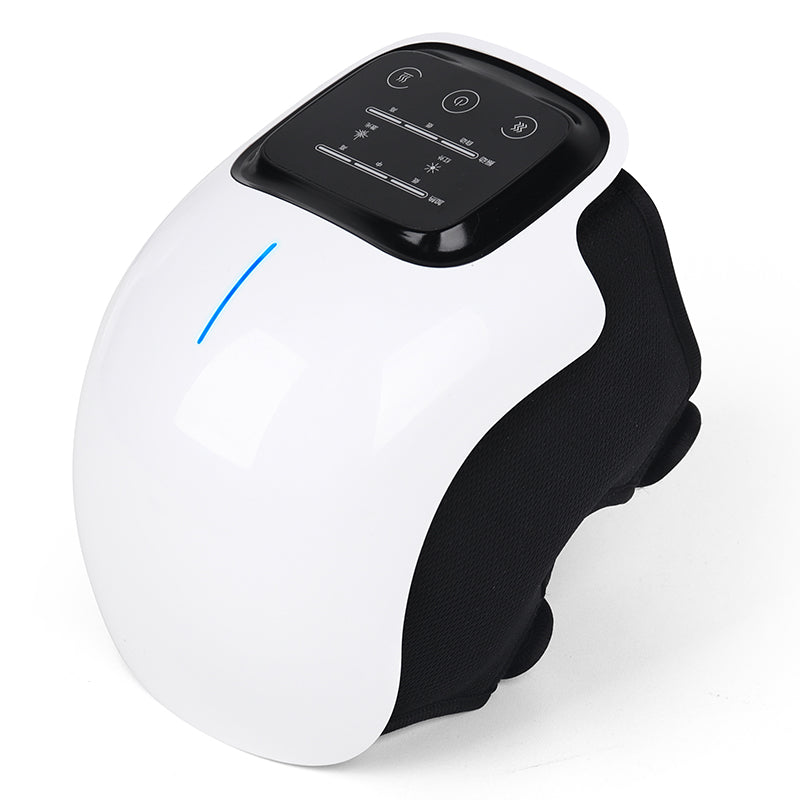 "Unisex knee relief massager with heat therapy for pain relief, featuring compact design, black and adjustable straps."