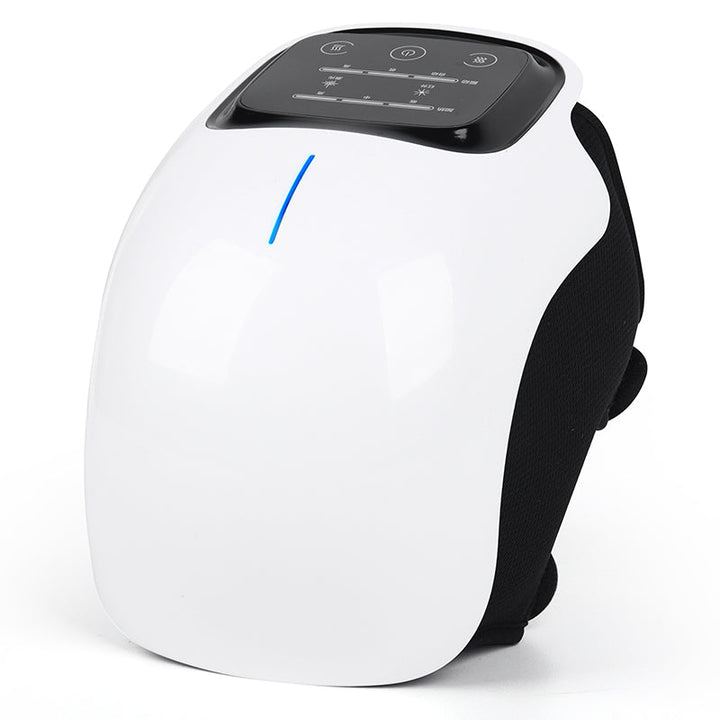 "Unisex knee relief massager with heat therapy for pain relief, featuring compact design, black and adjustable straps."