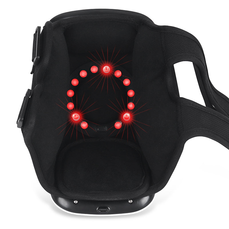 "Unisex knee relief massager with heat therapy for pain relief, featuring compact design, black and adjustable straps."