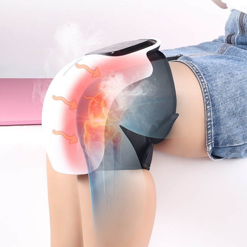 "Unisex knee relief massager with heat therapy for pain relief, featuring compact design, black and adjustable straps."