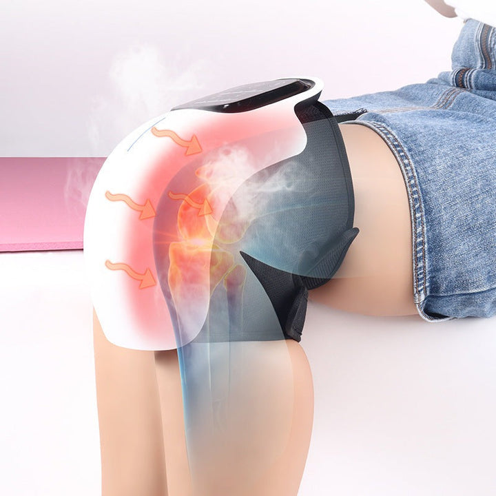 "Unisex knee relief massager with heat therapy for pain relief, featuring compact design, black and adjustable straps."