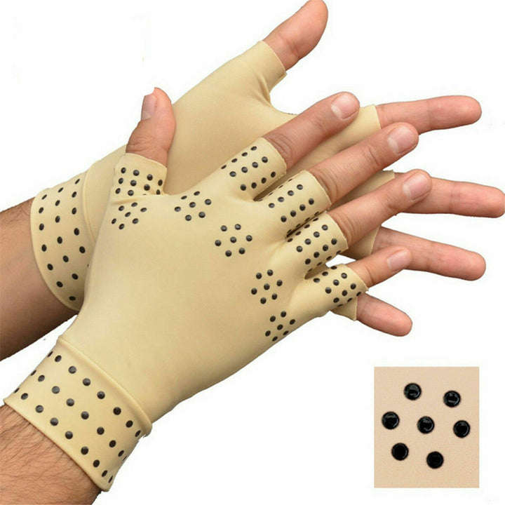 Unisex magnetic compression gloves for arthritis relief in beige, open fingertip design, promotes comfort and pain alleviatio