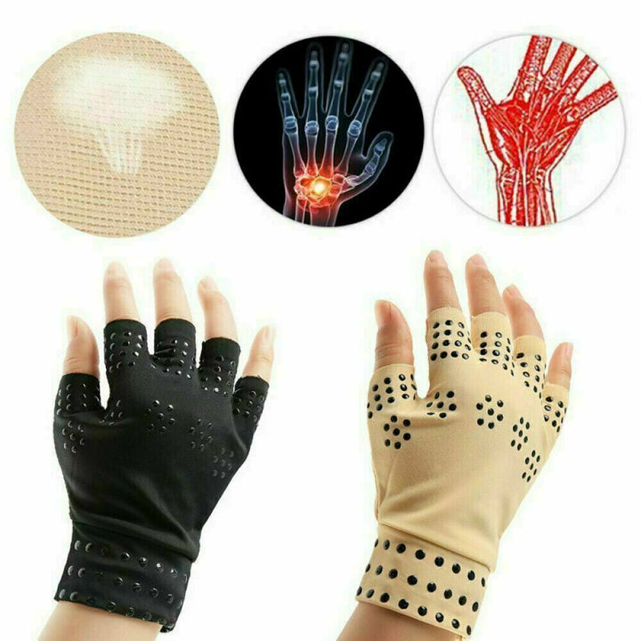 Unisex magnetic compression gloves for arthritis relief in beige, open fingertip design, promotes comfort and pain alleviatio
