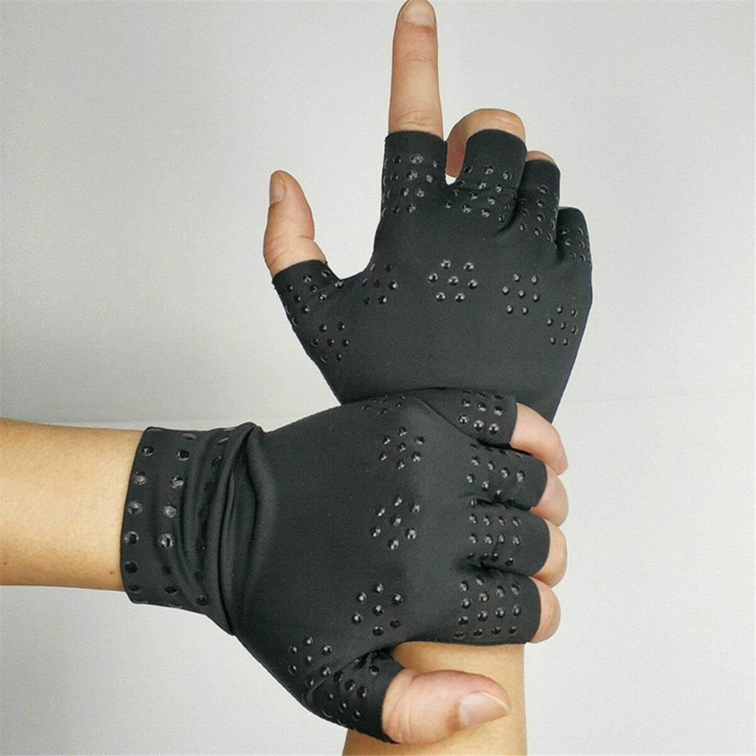 Unisex magnetic compression gloves for arthritis relief in beige, open fingertip design, promotes comfort and pain alleviatio