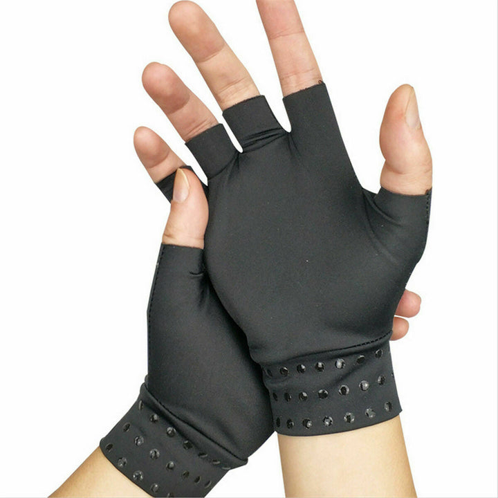 Unisex magnetic compression gloves for arthritis relief in beige, open fingertip design, promotes comfort and pain alleviatio