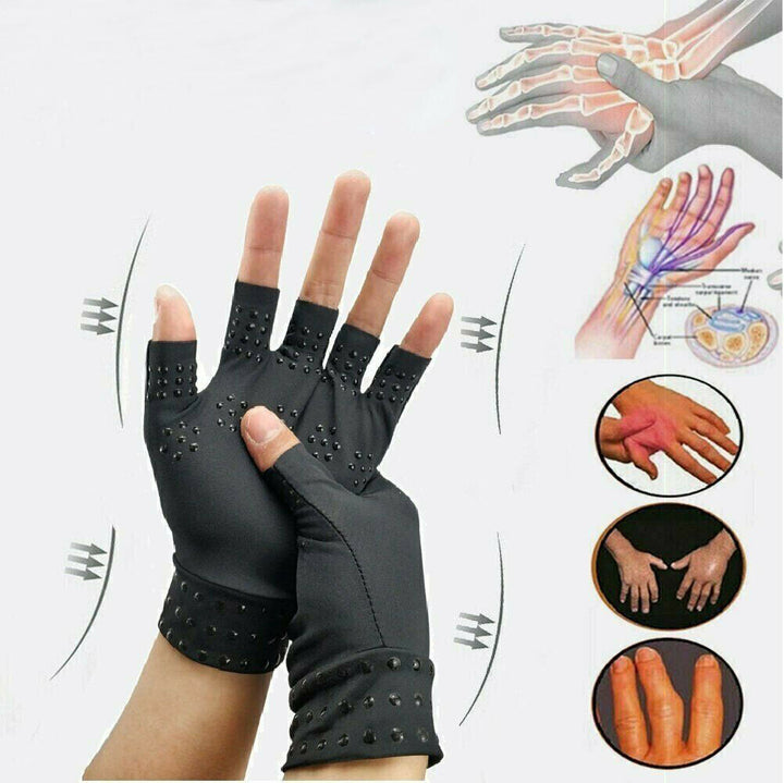Unisex magnetic compression gloves for arthritis relief in beige, open fingertip design, promotes comfort and pain alleviatio