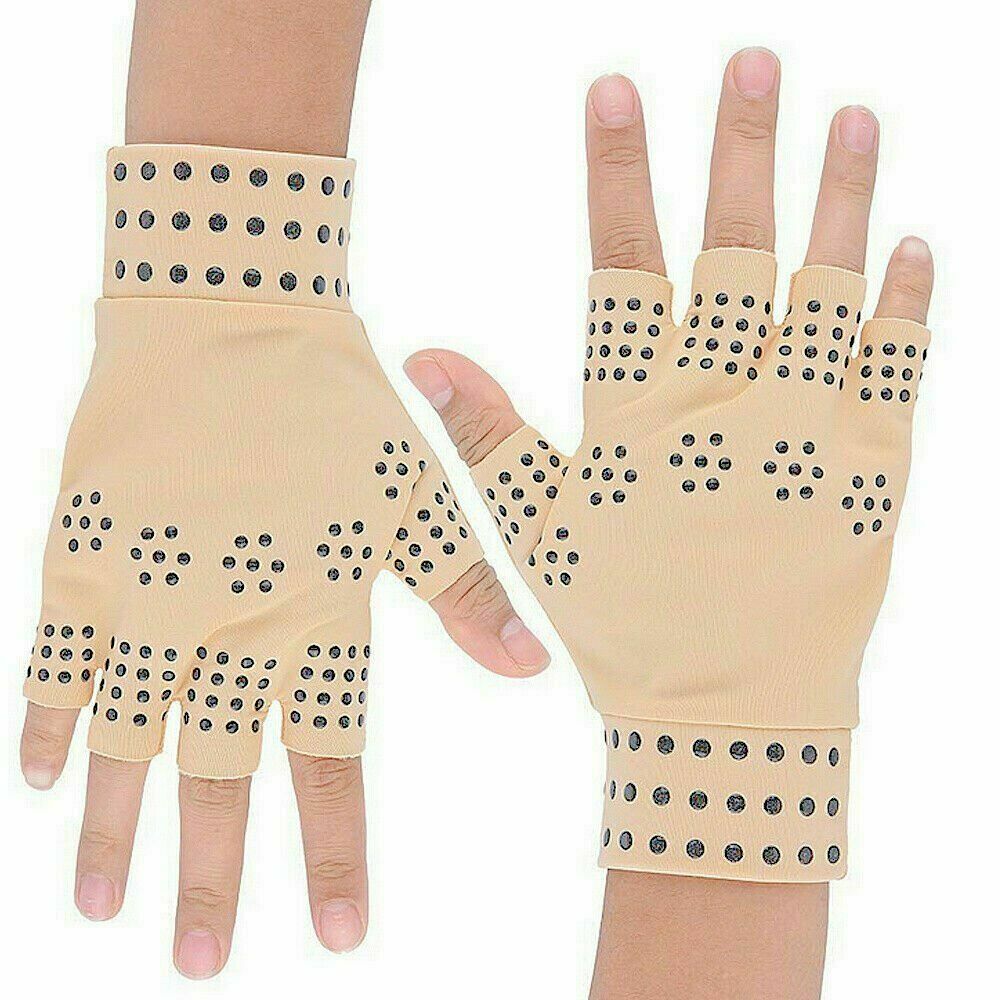 Unisex magnetic compression gloves for arthritis relief in beige, open fingertip design, promotes comfort and pain alleviatio
