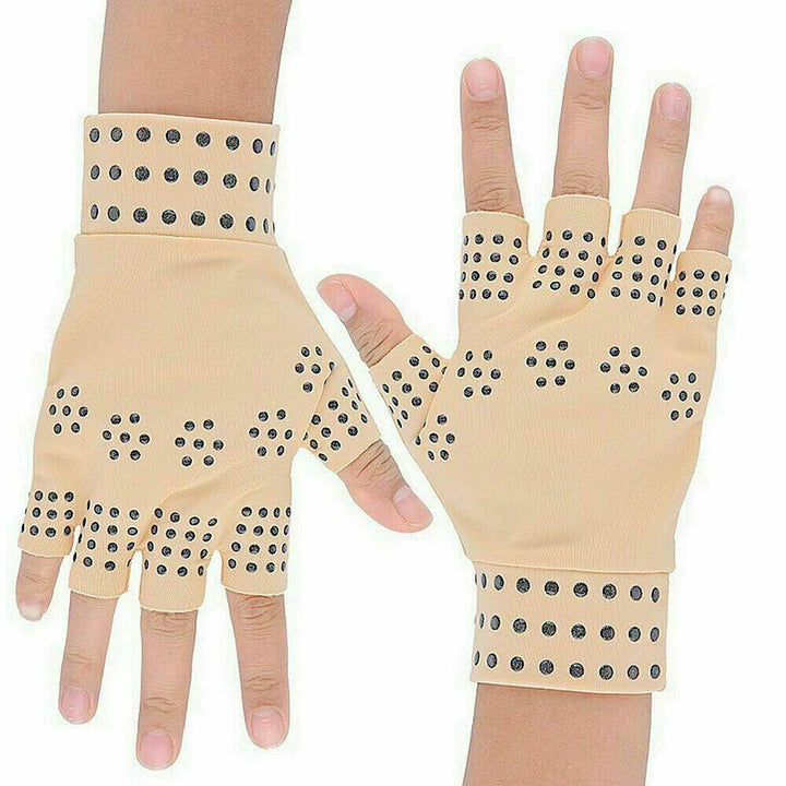 Unisex magnetic compression gloves for arthritis relief in beige, open fingertip design, promotes comfort and pain alleviatio