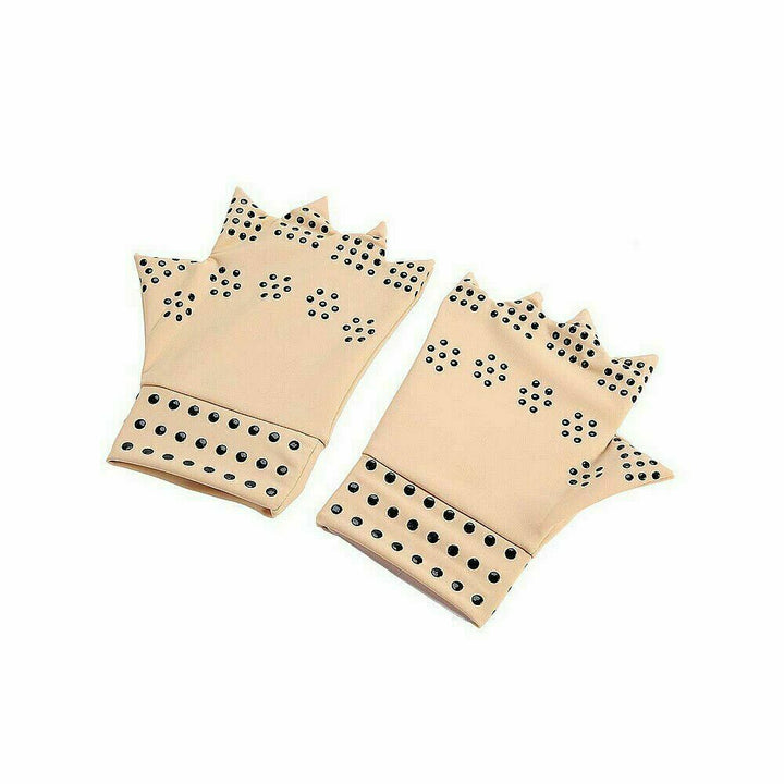 Unisex magnetic compression gloves for arthritis relief in beige, open fingertip design, promotes comfort and pain alleviatio