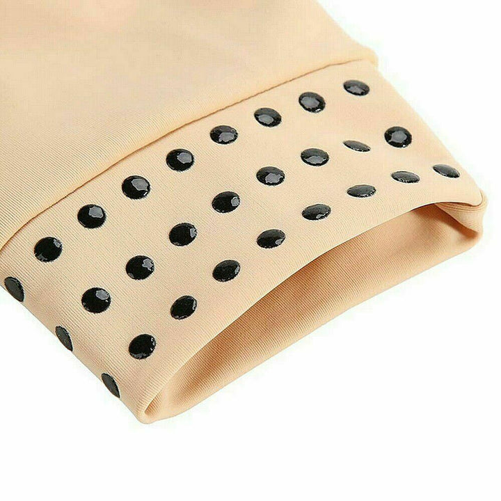 Unisex magnetic compression gloves for arthritis relief in beige, open fingertip design, promotes comfort and pain alleviatio