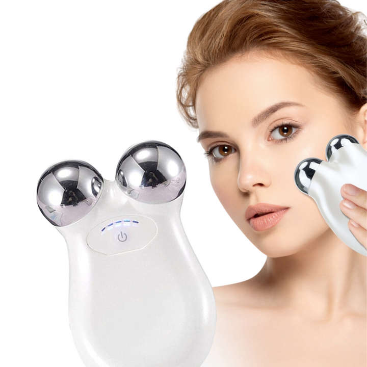 "Unisex microcurrent face lifting device in white, blue, pink. Sleek design for smoother, firmer skin; ergonomic for easy han