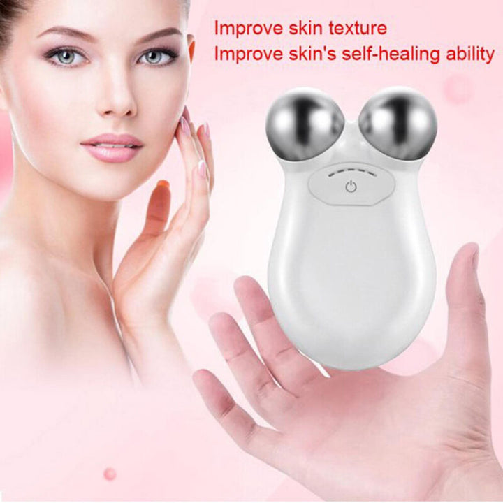 "Unisex microcurrent face lifting device in white, blue, pink. Sleek design for smoother, firmer skin; ergonomic for easy han