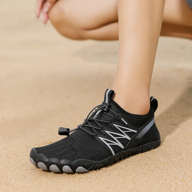 "Unisex non-slip barefoot shoes with wide toe box, flexible, breathable, ideal for hiking, yoga. Various color options."