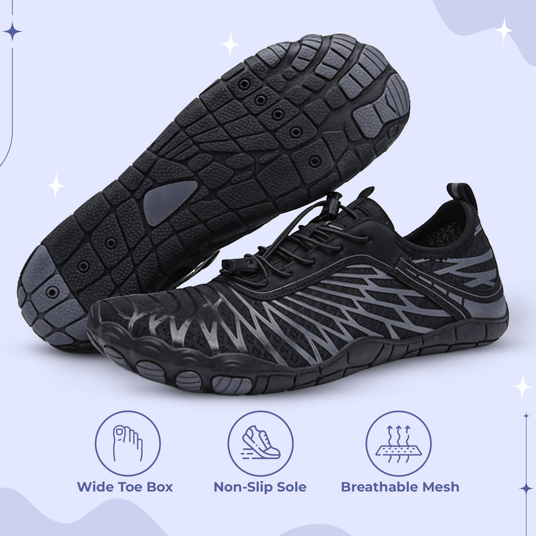 "Unisex non-slip barefoot shoes with wide toe box, flexible, breathable, ideal for hiking, yoga. Various color options."