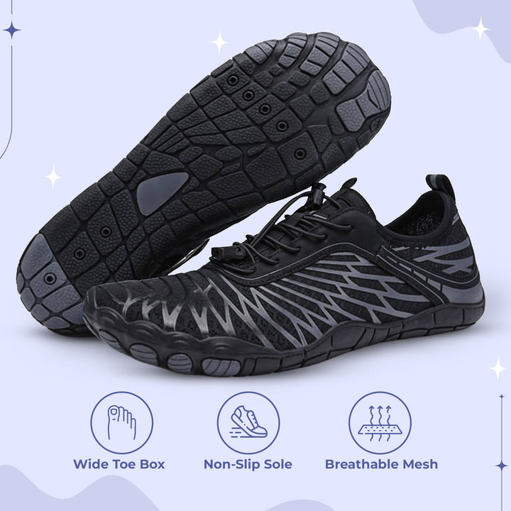 "Unisex non-slip barefoot shoes with wide toe box, flexible, breathable, ideal for hiking, yoga. Various color options."