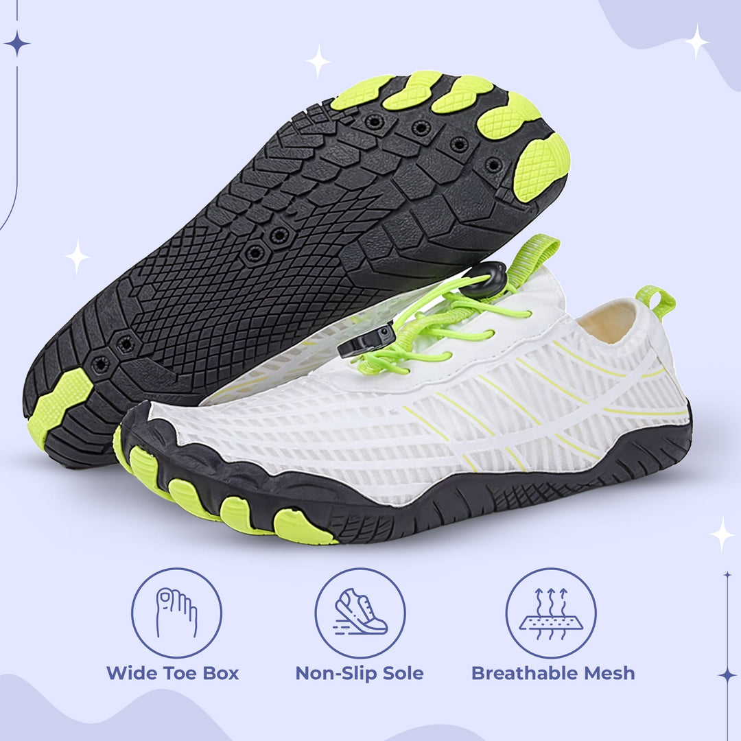 "Unisex non-slip barefoot shoes with wide toe box, flexible, breathable, ideal for hiking, yoga. Various color options."