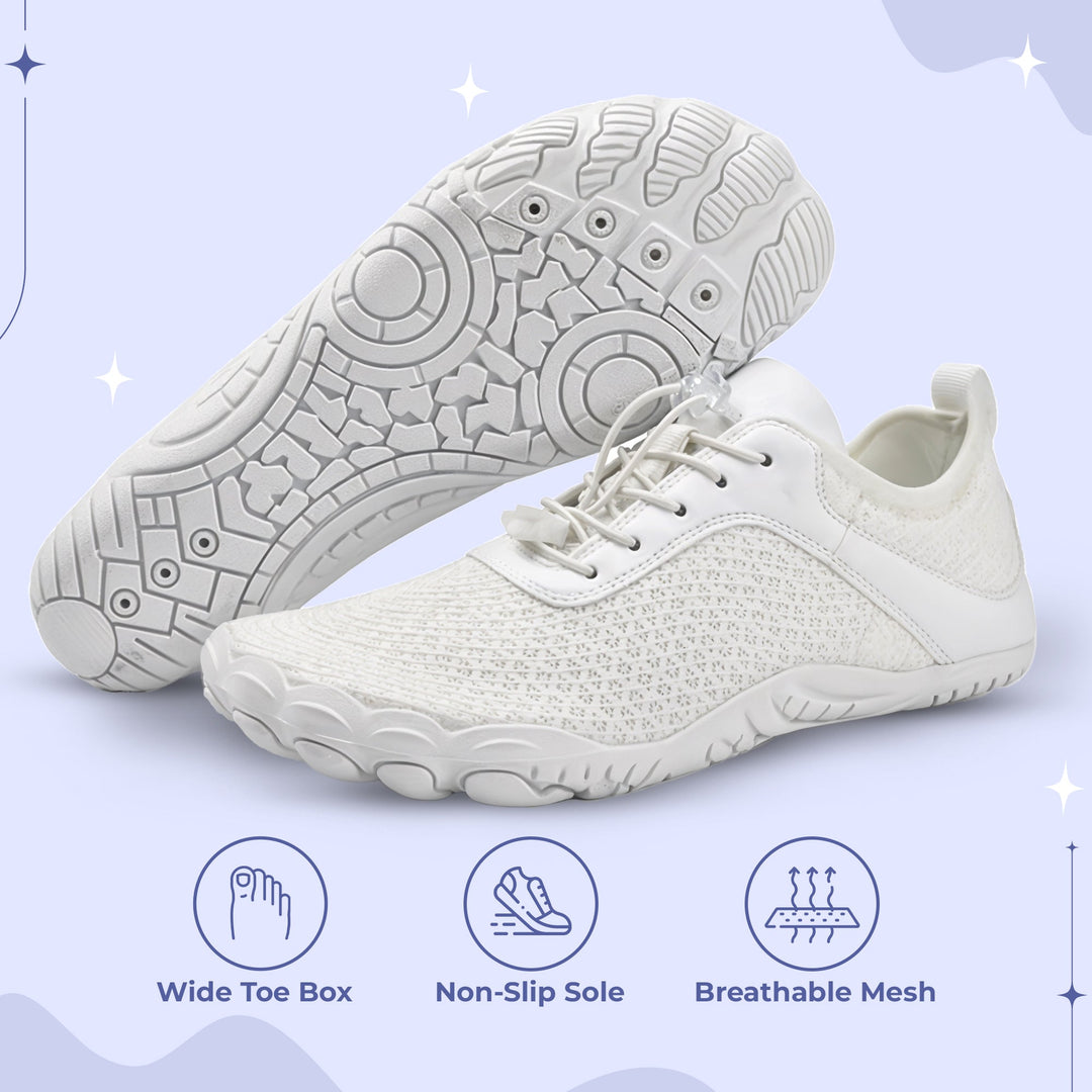"Unisex non-slip barefoot shoes with wide toe box, flexible, breathable, ideal for hiking, yoga. Various color options."