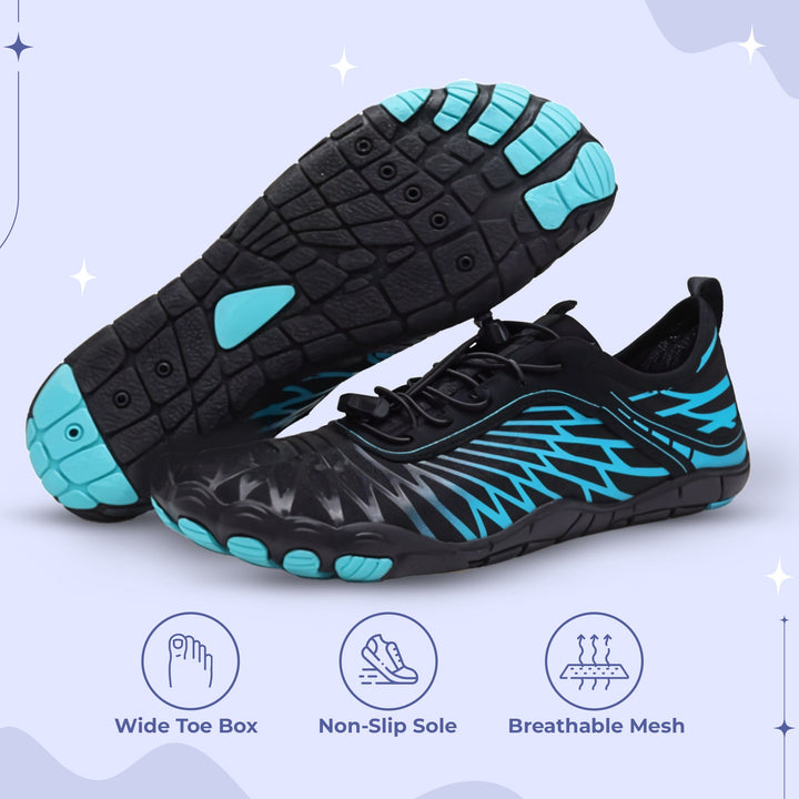"Unisex non-slip barefoot shoes with wide toe box, flexible, breathable, ideal for hiking, yoga. Various color options."