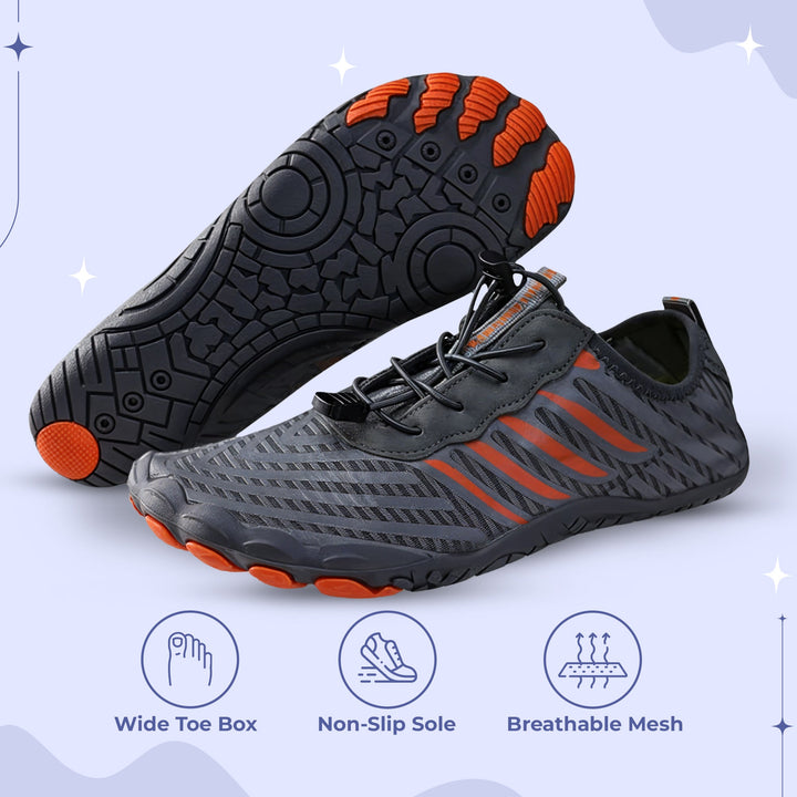 "Unisex non-slip barefoot shoes with wide toe box, flexible, breathable, ideal for hiking, yoga. Various color options."