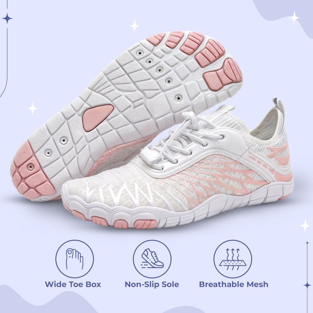 "Unisex non-slip barefoot shoes with wide toe box, flexible, breathable, ideal for hiking, yoga. Various color options."