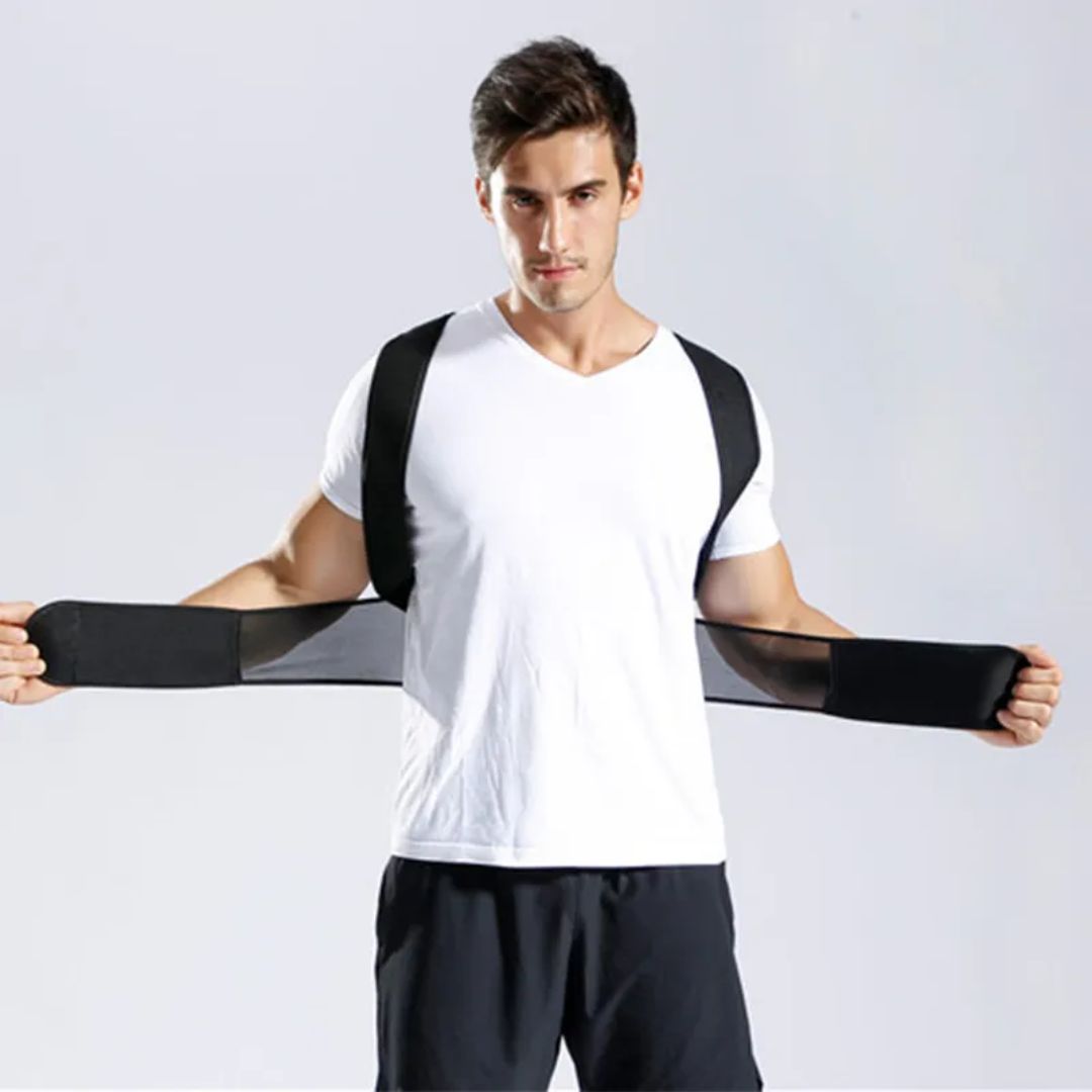 Unisex posture corrector brace in black and grey with adjustable straps, lightweight and discreet design for enhanced comfort