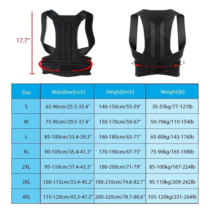 Unisex posture corrector brace in black and grey with adjustable straps, lightweight and discreet design for enhanced comfort