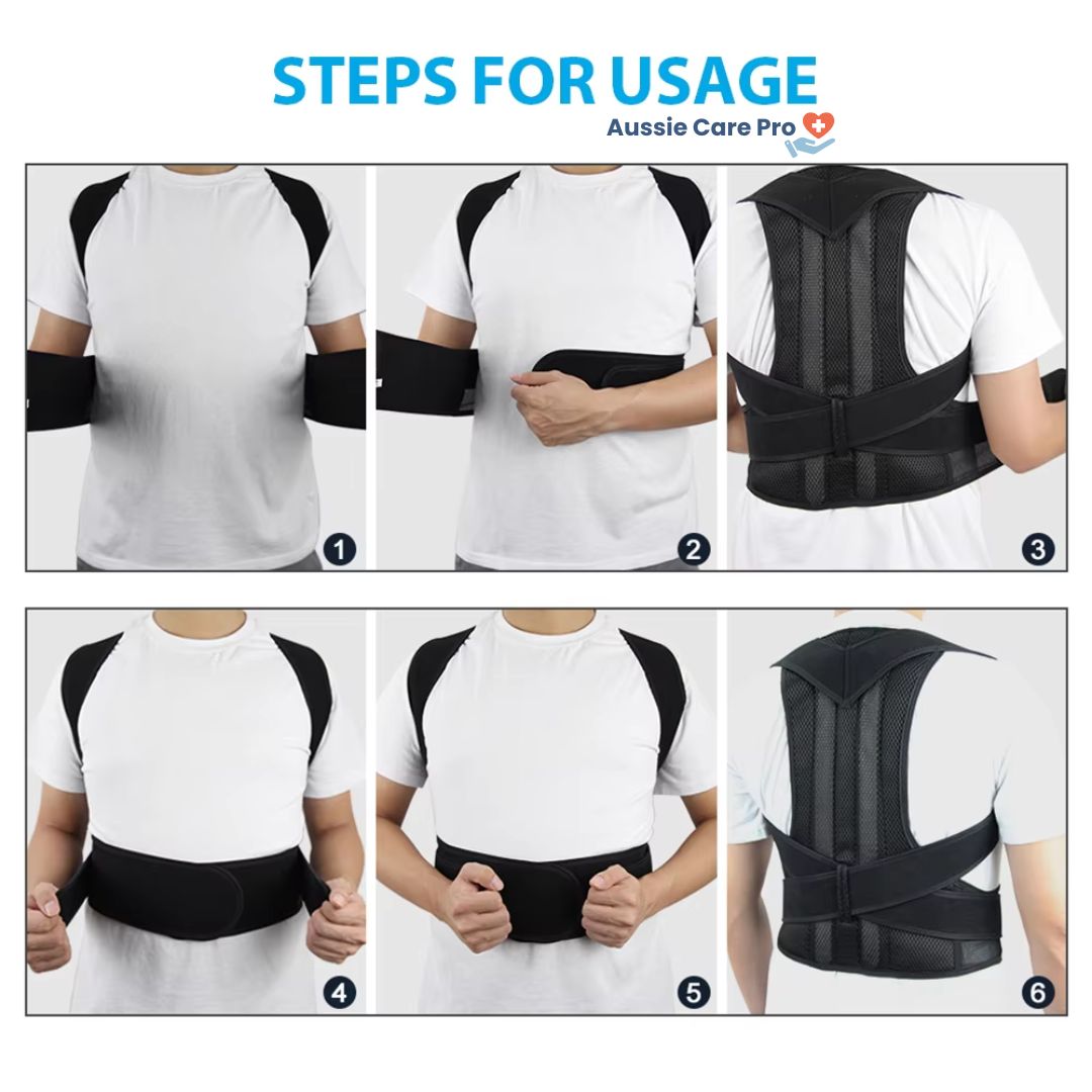 Unisex posture corrector brace in black and grey with adjustable straps, lightweight and discreet design for enhanced comfort